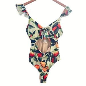 Mia Joy One Piece Swimsuit M Fruit Print Cutout Tie Front Ruffle Strap Medium
